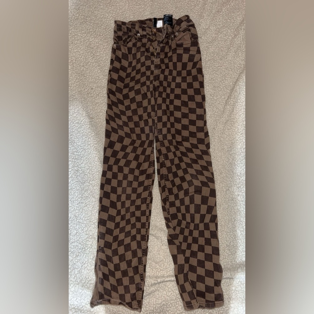 Divided straight leg checkered jeans